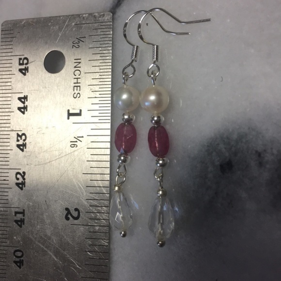 Real pearl Ruby Stone Sterling Silver Genuine pearls SS 925 earrings - Picture 6 of 16